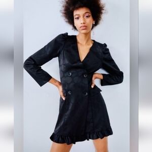 ZARA Polka Dot Satin Jacquard Blazer Long Sleeve Mini Dress. Black. Size XS